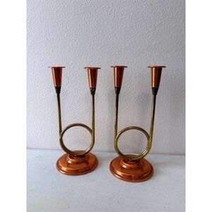 Vintage Coppercraft Guild Copper Brass French Horn Candle Holders Set of 2 Bugle